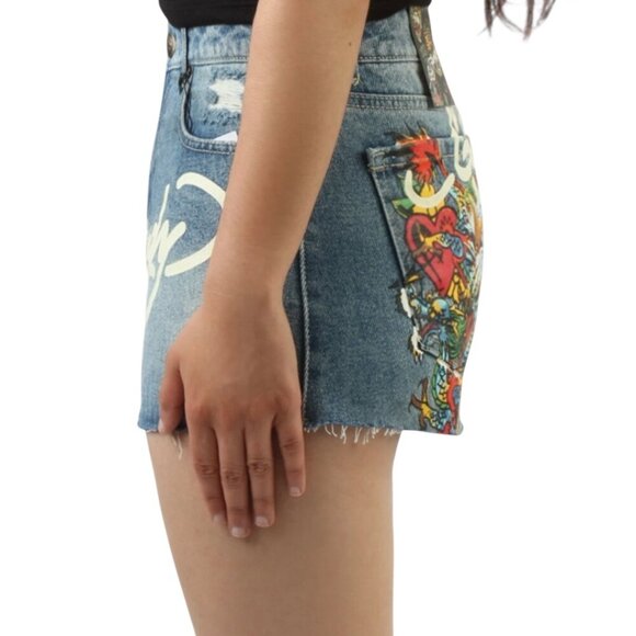 New Ed Hardy Tattoo Denim Jean Mini Skirt Size M Y2K Streetwear Edgy Grunge Punk - Picture 5 of 16